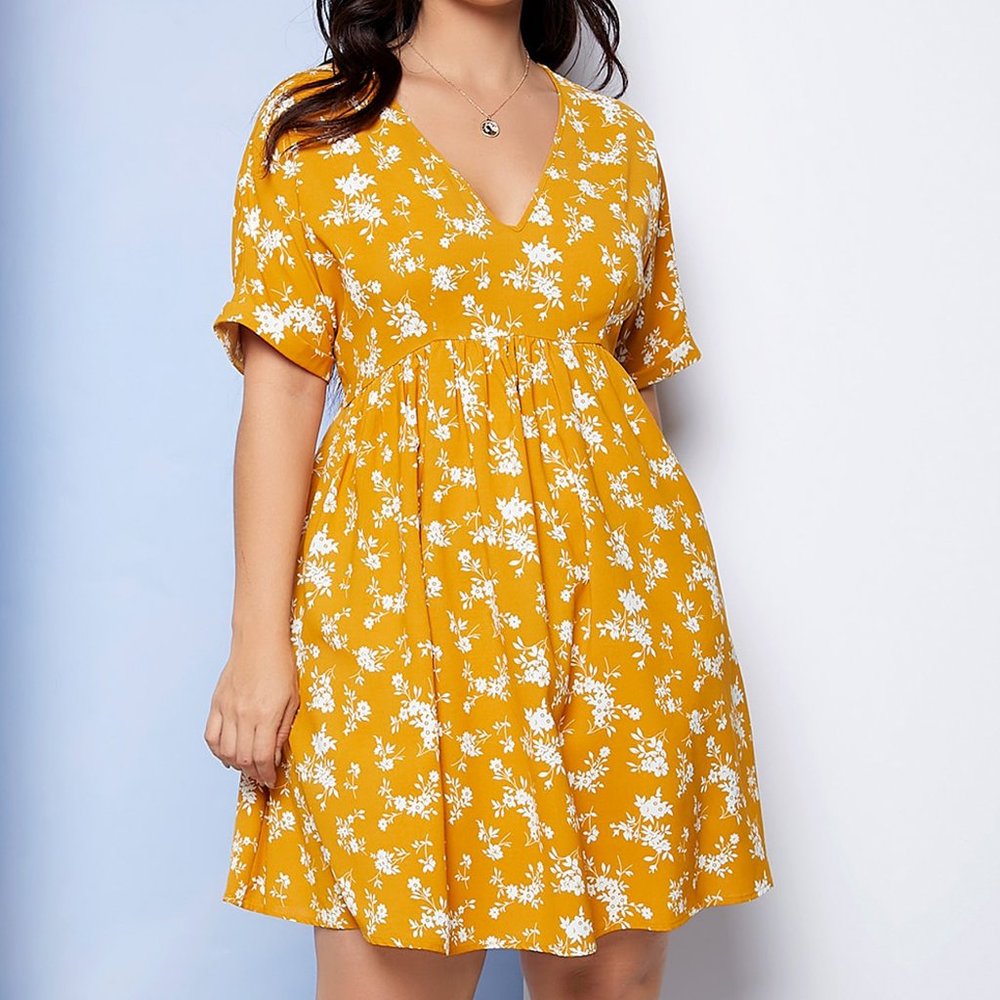 Ditsy Floral BOHO Mustard Yellow Plus Size Dress - Picture 1 of 10